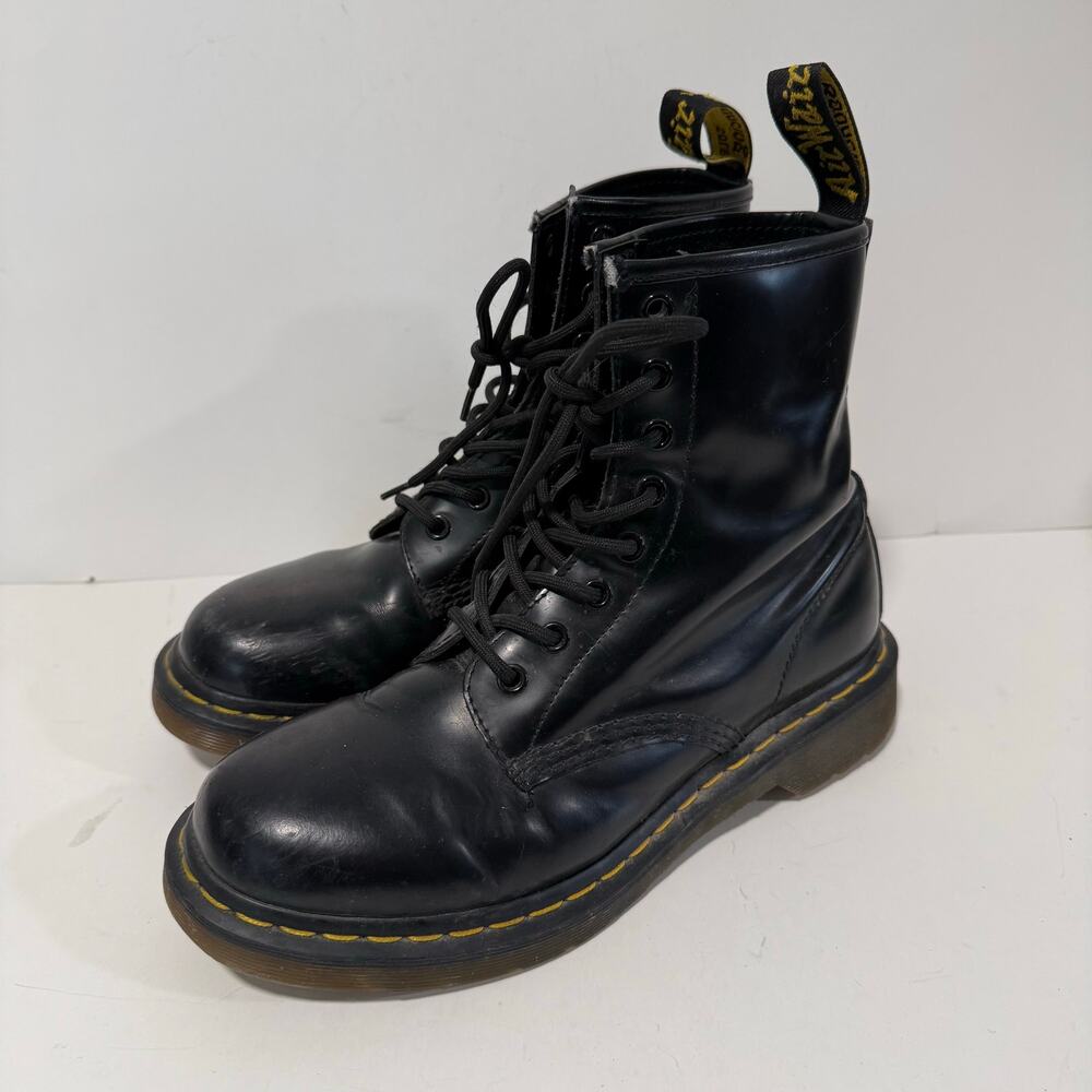 Dr. Martens Black Leather Combat Boots with Yellow Stitching